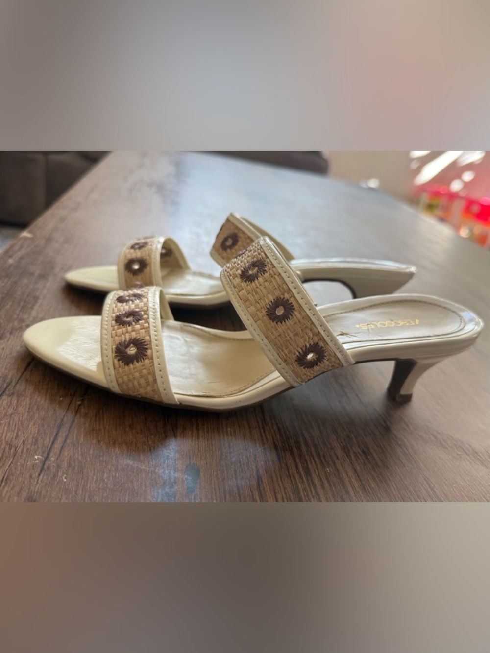 AEROSOLES Cream Braided Double-Strap Slide Sandals with Floral Stitching - Picture 2 of 5